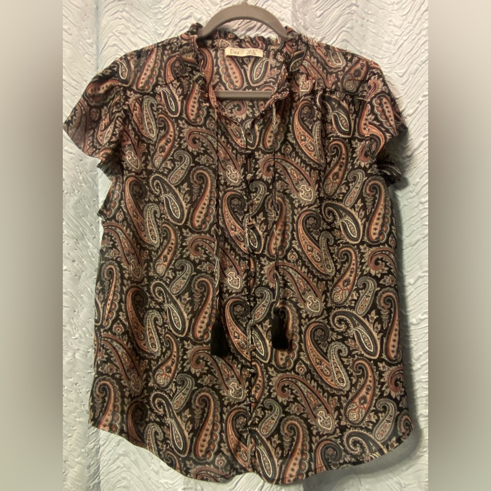 Dex Brown Paisley Tie-Front Short Sleeve Blouse